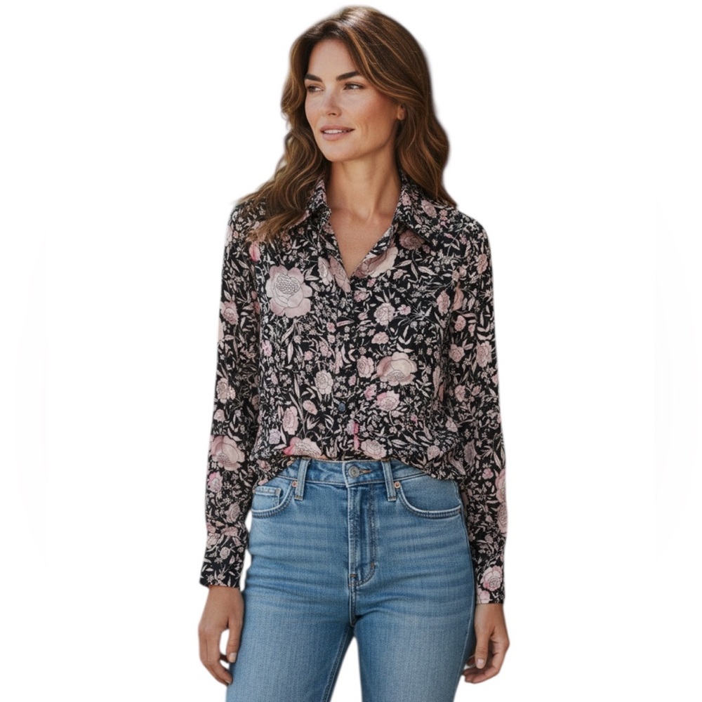 JILL STUART COTTAGE Career Office SILK BLACK PINK FLORAL BLOUSE TOP 4